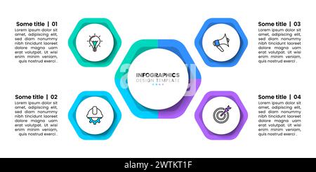 Modèle d'infographie avec icônes et 4 options ou étapes. Hexagons. Peut être utilisé pour la mise en page de flux de travail, le diagramme, la bannière, la conception Web. Illustration vectorielle Illustration de Vecteur