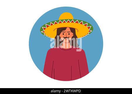 Chapeau sombrero mexicain est sur la tête de femme faisant moustache hors des cheveux et montrant grimace drôle Illustration de Vecteur