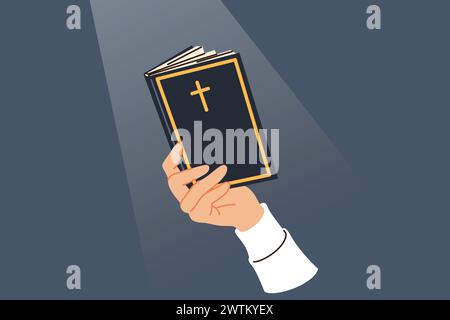 Sainte Bible en main de l'homme lisant des prières et des commandements, avec la croix chrétienne en couverture Illustration de Vecteur