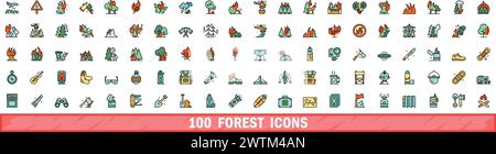 100 icônes de forêt définies. Ensemble de lignes de couleur d'icônes de vecteur de forêt couleur de ligne mince plat sur blanc Illustration de Vecteur