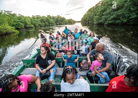 Touristes dans le marais qui sont venus voir des oiseaux dans le marais de Caroni. Trinidad Banque D'Images