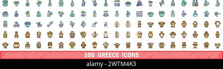 100 icônes de grèce définies. Ensemble de ligne de couleur des icônes vectorielles de grèce couleur de ligne mince plat sur blanc Illustration de Vecteur