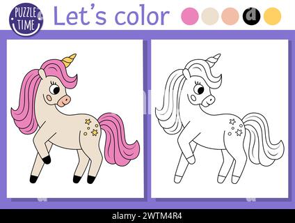 Coloriage pour les enfants avec princesse licorne mignonne. Illustration vectorielle de contour de conte de fées. Livre de couleurs fantaisie pour les enfants avec exemple coloré. Magique Illustration de Vecteur