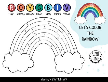 Couleur vectorielle par activité de lettre avec arc-en-ciel et nuages. Colorons l’arc-en-ciel. Jeu noir et blanc de conte de fées avec image fantastique mignonne. Magic edu Illustration de Vecteur