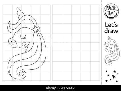 Dessinez la tête de licorne. Feuille de travail de pratique de dessin de Vector Fairytale avec profil animal mignon. Activité magique imprimable en noir et blanc pour les enfants. Fantas Illustration de Vecteur