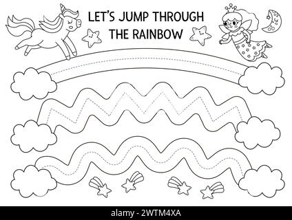Feuille de travail de pratique d'écriture manuscrite vectorielle avec licorne sautant à travers les arcs-en-ciel. Activité fantaisie imprimable noir et blanc pour les enfants. Jeu de traçage pour WRI Illustration de Vecteur