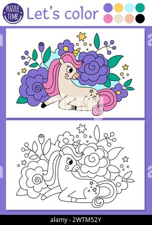 Coloriage pour les enfants avec licorne mignonne assis dans des fleurs. Illustration vectorielle de contour de conte de fées. Livre de couleurs fantaisie pour les enfants avec Expect coloré Illustration de Vecteur