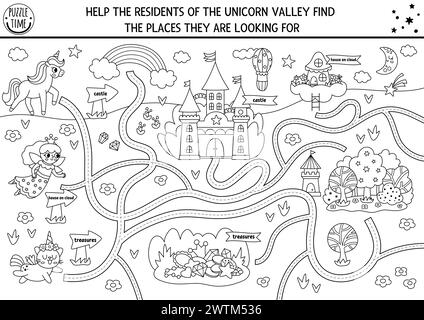 Feuille de travail d'écriture manuscrite vectorielle et labyrinthe avec licorne, fée, chat à la recherche de leurs maisons. Activité de traçage noir et blanc imprimable fantaisie pour les enfants. M Illustration de Vecteur