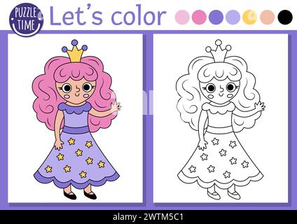 Coloriage pour enfants avec fille de fée, couronne. Illustration vectorielle de contour de conte de fées. Livre de couleurs fantaisie pour les enfants avec exemple coloré. Magic Worl Illustration de Vecteur