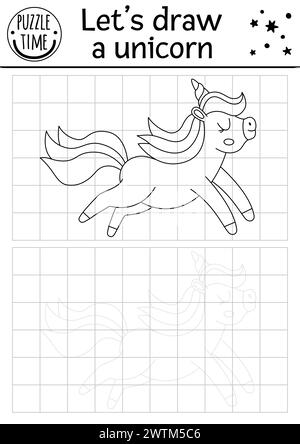 Dessinez la licorne. Feuille de travail de pratique de dessin de Vector Fairytale avec animal courant mignon. Activité magique imprimable en noir et blanc pour les enfants. Fantasy COP Illustration de Vecteur