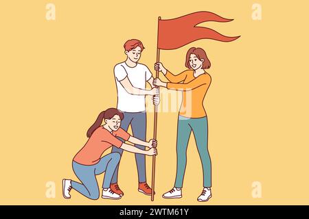 Une équipe de personnes réussies plante le drapeau de la victoire, symbolisant l'excellent travail d'équipe et la croissance personnelle. Homme et femme heureux qui étudient à l'université réussissent grâce au travail d'équipe et à la collaboration Illustration de Vecteur