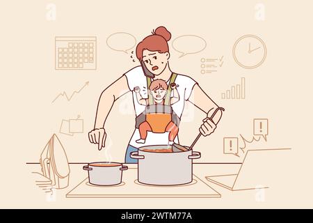 Mère prend soin de bébé et travaille autour de la maison en même temps, debout près de la cuisinière et parlant au téléphone. Mère multitâche avec enfant fait appel d'affaires et a besoin de l'aide d'un assistant ou d'une nounou Illustration de Vecteur