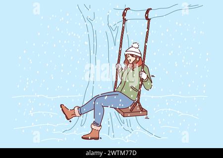 Femme balançant sur le swing dans le parc d'hiver, se réjouissant de tomber de neige et approche de noël ou du nouvel an. Jeune fille riant se relaxant dans la nature par temps froid pendant les vacances d'hiver. Illustration de Vecteur