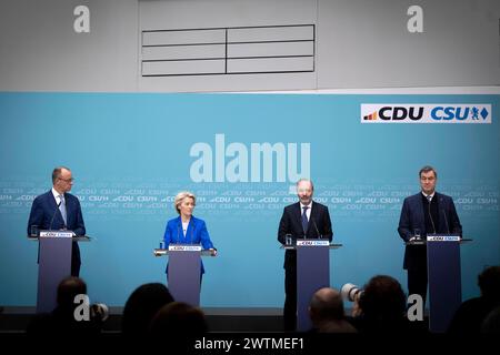 Wahlprogramm Europawahl von Der Leyen DEU, Deutschland, Allemagne, Berlin, 11.03.2024 Friedrich Merz , Vorsitzender der CDU , Ursula von der Leyen , Praesidentin der Europaeischen Kommission und CDU-Mitglied, Manfred Weber , Vorsitzender der Europaeischen Volkspartei EVP , und Markus Soeder , Vorsitzender der CSU Bayern v.l.n.r. waehrend eines Pressegespraechs nach einer gemeinsamen Sitzung von CDU und CSU zum Wahlprogramm in der CDU-Zentrale im Konrad-Adenauer-Haus in Berlin. CDU und CSU unterstuetzen die Bewerbung von der Leyens um eine zweite Amtszeit als Praesidentin der Europäaeschen Kommis Banque D'Images