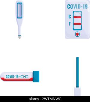 Les icônes de test de coronavirus définissent le vecteur de dessin animé. Résultat de test positif pour covid. Pandémie mondiale de virus Illustration de Vecteur