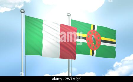 Drapeau 3D de l'Italie et de la Dominique sur ciel bleu avec soleil brillant Banque D'Images