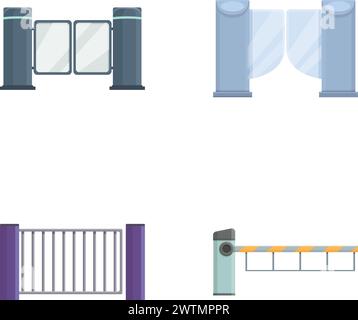 Les icônes de porte définissent le vecteur de dessin animé. Divers types de portail automatique et tourniquet. Obstacle mécanique, équipement Illustration de Vecteur