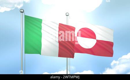 Drapeau 3D de l'Italie et du Groenland sur Blue Sky avec Sun Shine Banque D'Images