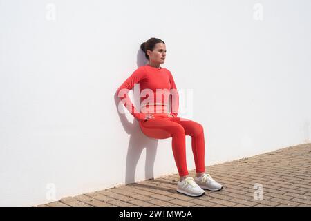 Femme sportive faisant des squats contre un mur blanc dehors au soleil. Banque D'Images