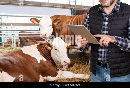 La technologie de l'intelligence artificielle dans l'élevage. Agriculteur moderne utilisant une tablette numérique sur son élevage. Banque D'Images