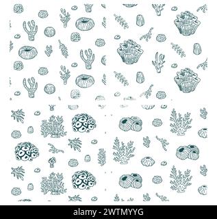 Modèle sans couture avec croquis de coquillages, poissons, coraux et tortues d'organismes Seal Ocean Life. Illustration Doodle pour textile et papier Illustration de Vecteur