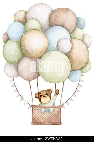 Bébé ours dans une montgolfière. Garçon. Illustration aquarelle pour enfants. Anniversaire, baby shower, fête d'enfants. Élément de conception pour cartes, affiches, b Banque D'Images