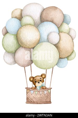 Bébé ours dans une montgolfière. Garçon. Illustration aquarelle pour enfants. Anniversaire, baby shower, fête d'enfants. Élément de conception pour cartes, affiches, b Banque D'Images