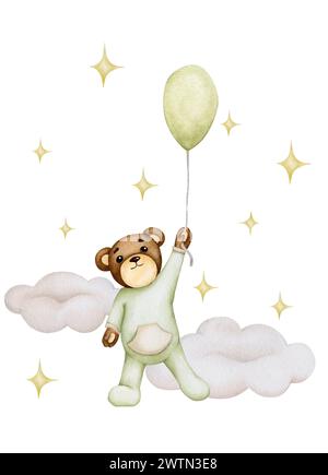 Bébé ours vole sur un ballon. Illustration aquarelle pour enfants. Anniversaire, baby shower, fête d'enfants. Élément de design pour cartes, affiches, bannières, Banque D'Images