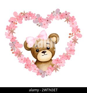 Bébé ours dans un cadre de fleur en forme de coeur. Fille. Anniversaire, baby shower, fête d'enfants. Aquarelle. Elément de conception pour cartes de vœux, pos Banque D'Images