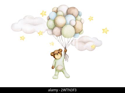 Bébé ours volant sur un tas de ballons d'hélium. Anniversaire, baby shower, fête d'enfants. Illustration aquarelle pour enfants. Élément de conception pour greeti Banque D'Images