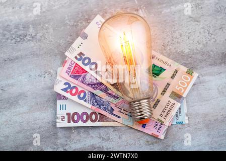 Argent ukrainien hryvnias et une ampoule. Le concept d'augmentation des prix de l'électricité en Ukraine et le déficit. Coûts d'électricité. Banque D'Images