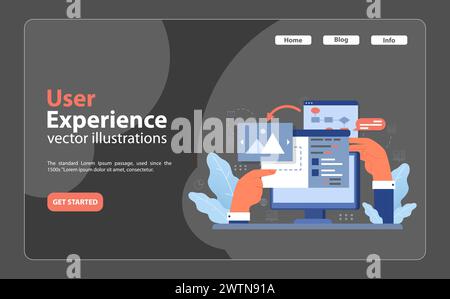 Concept d'élément filaire. Les mains ajustent l'image et la mise en page du site, illustrant les fondations de la conception Web. Planification de l'interface utilisateur, plan de site, organisation du contenu visuel. Illustration vectorielle plate Illustration de Vecteur