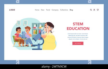 Concept d'apprentissage STEM. Des étudiants enthousiastes expérimentent la robotique, tandis que la jeune fille regarde au microscope. Engagement pratique dans l'enseignement des sciences et de la technologie. Illustration vectorielle plate Illustration de Vecteur