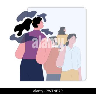 Peur du rejet social. Jeune femme effrayée isolée de la société, des amis ou de la famille avec un mur de verre. Expression de panique, phobie de la séparation, de l'isolement ou du rejet. Illustration vectorielle plate Illustration de Vecteur