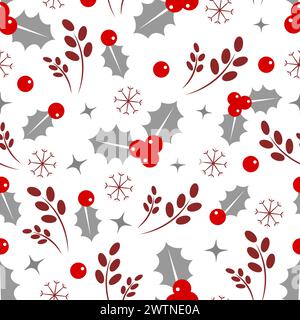 Modèle sans couture avec houx et flocons de neige Illustration de Vecteur