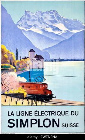 La ligne électrique du Simplon, Suisse. Affiche de voyage en train suisse vintage par Emil Cardinaux, 1928. Suisse, version française. Banque D'Images