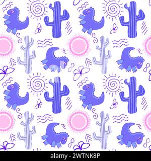 Désert d'été sans couture animaux dinosaures cactus et motif de soleil pour l'emballage du papier et des tissus et des draps et des enfants impression et emballage festif et partie Banque D'Images