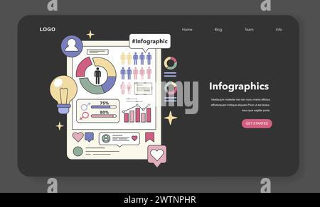 Ensemble de visualisation des données. Transmettre des informations par le biais de graphiques statistiques, de graphiques et d'éléments interactifs. Simplification des données complexes. Illustration vectorielle plate. Illustration de Vecteur