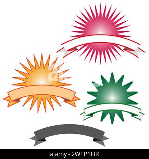 Jeu de badges éclatés avec bannières. Sceaux promotionnels avec rubans. Étiquettes de vente et d'assurance qualité. Illustration vectorielle. SPE 10. Illustration de Vecteur