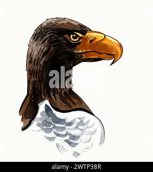 Tête d'aigle. Illustration à l'encre dessinée à la main et à l'aquarelle Banque D'Images