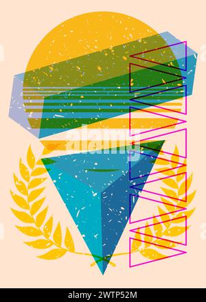 Risograph Laurel Wreath avec des formes géométriques. Les objets dans le graphique riso à la mode impriment la conception de style de texture avec des éléments géométriques. Illustration de Vecteur