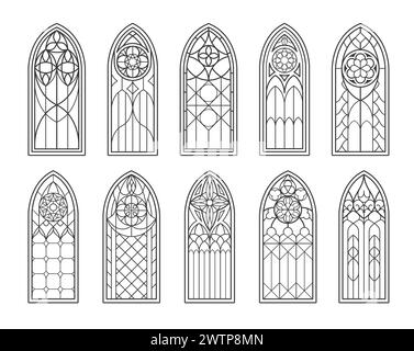 Château gothique médiéval et fenêtres en verre de l'église catholique. Le contour vectoriel isolé arque les silhouettes noires. Cadres voûtés de vitraux vintage, intérieur de cathédrale architecture européenne traditionnelle Illustration de Vecteur