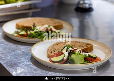 Cette image montre deux assiettes de salades fraîchement préparées dans un restaurant, chacune accompagnée d'une tranche de pain de grains entiers. Les salades sont bien composées, avec un assortiment de légumes verts, tomates, concombres et oignons, habillés légèrement et prêts à être servis. Le comptoir de cuisine offre une toile de fond propre et professionnelle, soulignant l'accent mis sur la présentation des aliments. Salades fraîchement préparées dans des assiettes de restaurant. Photo de haute qualité Banque D'Images