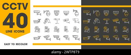 Icônes de ligne de caméra CCTV de surveillance de sécurité et de contrôle vidéo de sécurité, pictogrammes vectoriels. Caméras de rue CCTV et systèmes de surveillance vidéo pour la technologie de surveillance et de visionnement sécurisée en ligne Illustration de Vecteur