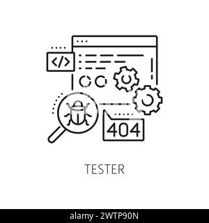 Testeur, spécialiste INFORMATIQUE de test logiciel et icône vectorielle d'analyse pour l'ingénierie numérique ou la technologie de développement. Spécialiste des tests de logiciels d'applications informatiques ou Web de l'utilisabilité UI UX ou du test de débogage Illustration de Vecteur