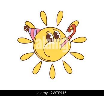 personnage de soleil de vacances groovy de bande dessinée rétro dans le chapeau de fête, souffler la pipe festive avec des rayons rayonnants dans la célébration d'anniversaire vibrante. Personnage vintage vecteur isolé avec expression faciale positive Illustration de Vecteur
