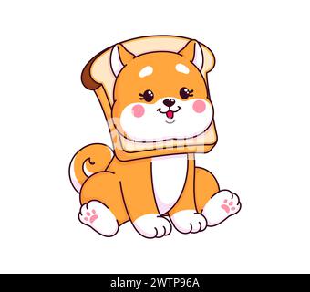 Dessin animé japonais kawaii shiba inu personnage avec pain grillé sur son cou. Vecteur isolé drôle Shiba inu chiot personnage assis avec la tête sortant de la tranche de pain grillé. Nourriture pour animaux, scène du petit déjeuner Illustration de Vecteur