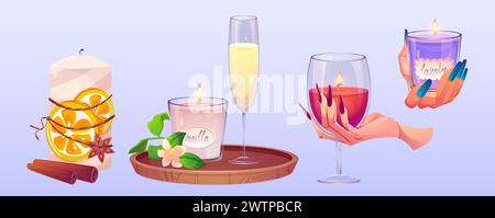 Bougie parfumée pour aromathérapie spa. Ensemble d'illustration vectorielle de dessin animé de bougie de cire aromatique dans le support en verre et dans les mains des femmes, saveur de lavande et de vanille, avec des décorations de cannelle et d'orange. Illustration de Vecteur