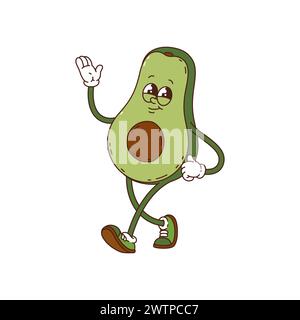 Groovy rétro avocat personnage de dessin animé comique. mascotte joyeuse de fruits tropicaux des années 60, autocollant vintage mignon d'avocat marchant ou vect isolé drôle groovy Illustration de Vecteur
