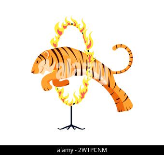 Animal tigre de cirque sautant à travers l'anneau de feu. Performance de carnaval vectoriel avec majestueux Shapito tigre saute sans peur dans un cerceau de feu flamboyant Illustration de Vecteur